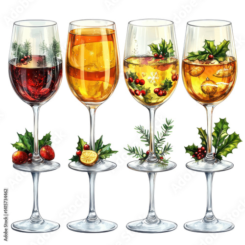 Festive christmas wine glasses holiday celebration watercolor illustration on transparent background