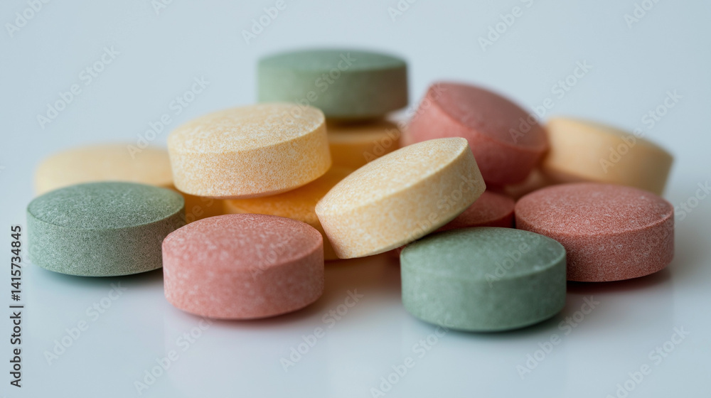 A colorful array of pills sprawled across a smooth surface, displaying diverse shapes Generative AI A colorful array of pills sprawled across a smooth surface, displaying diverse shapes Generative AI