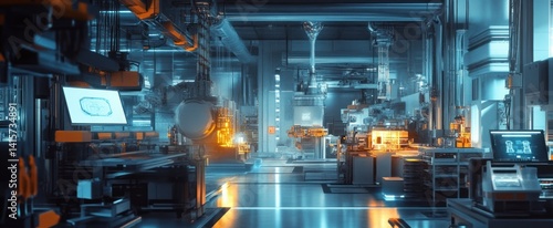 A modern industrial interior showcases complex machinery and digital displays