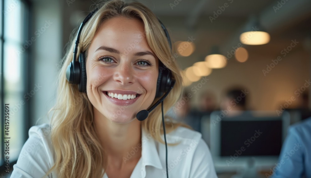 Happy smiling call center agent wearing headset in office. Young woman with blonde hair, white shirt. Customer service support concept. Confident friendly face. Happy smiling call center agent wearing headset in office. Young woman with blonde hair, white shirt. Customer service support concept. Confident friendly face.