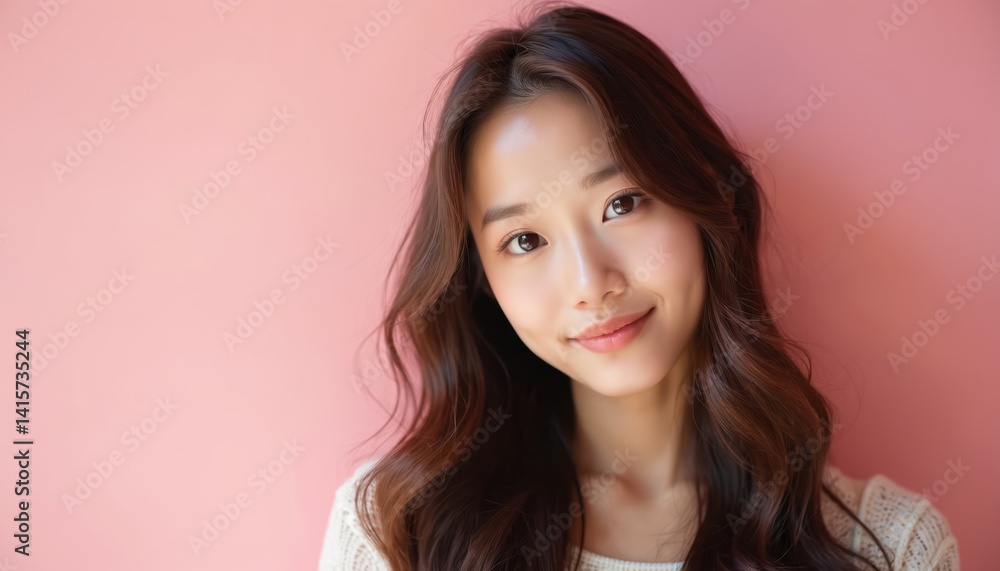 Portrait of beautiful asian girl with long flowing hair and gentle smile against soft pink background. Young woman poses with healthy fresh skin and cheerful expression. Beauty, fashion style. Portrait of beautiful asian girl with long flowing hair and gentle smile against soft pink background. Young woman poses with healthy fresh skin and cheerful expression. Beauty, fashion style.