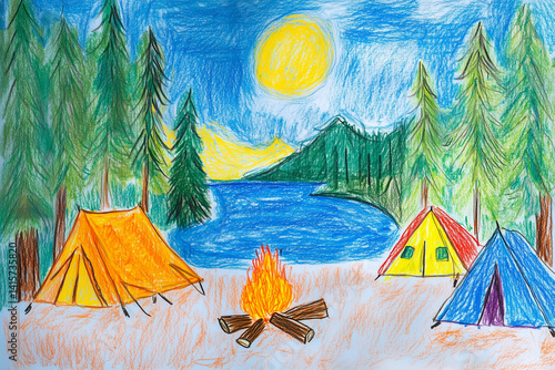 Crayon drawing of lake and tents in forest under sun