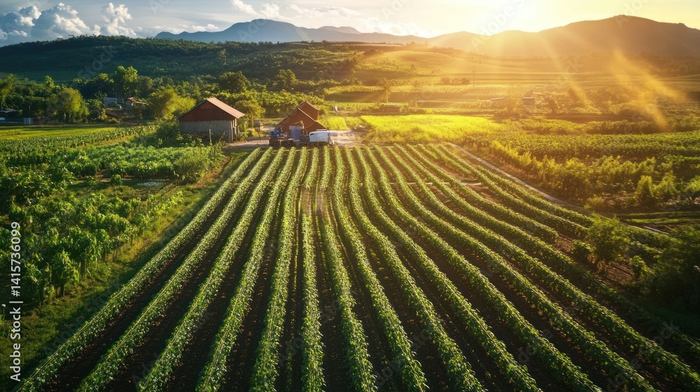 Obraz premium An expansive vineyard landscape bathed in beautiful warm sunlight at sunset