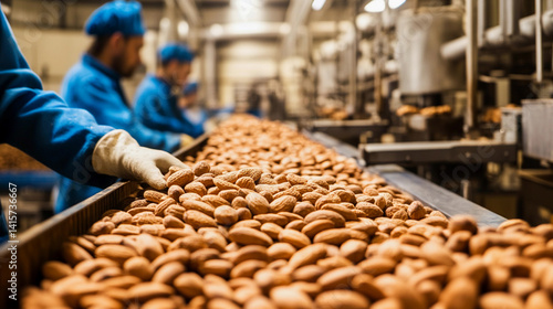 Obraz na płótnie Quality almond processing in a bustling factory setting Generative AI w salonie