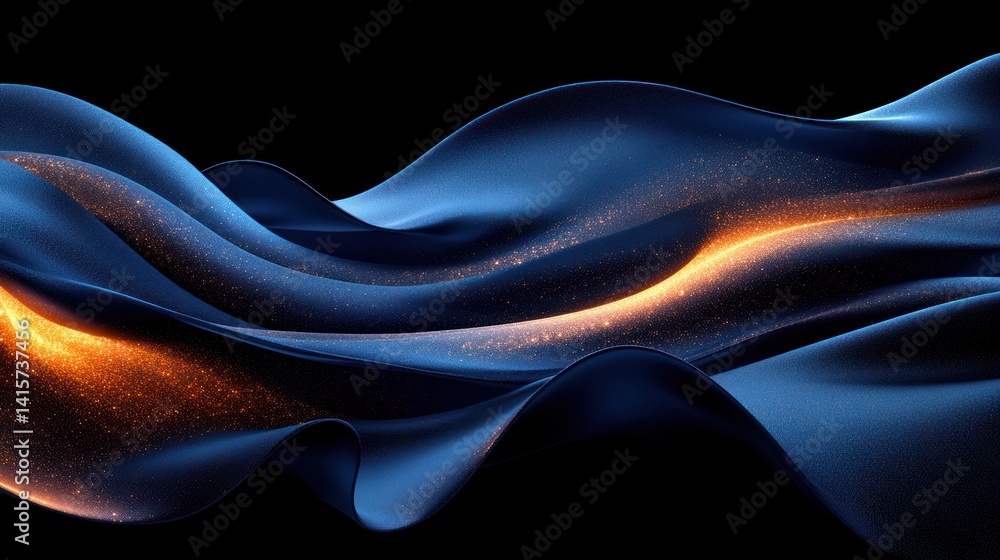Obraz premium Waves of deep blue fabric ripple with glimmers of gold, creating a mystical atmosphere