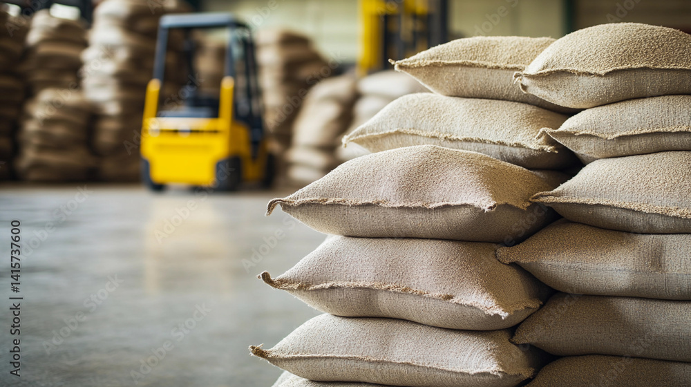 Stacked bags of grain in a spacious warehouse setting Generative AI