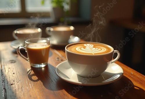 charming coffee cups intricate latte art rustic wooden table top vivid detail artisanal coffee experience, drink, brew, barista, cream, espresso, foam