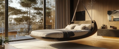 A modern bedroom featuring a suspended bed and a large window