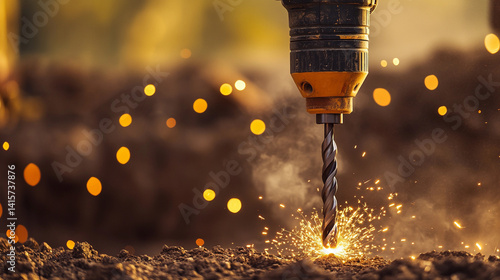 Obraz na płótnie Heavy drill creates sparks in close-up shot during work Generative AI w salonie