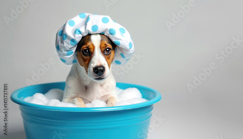 Funny Jack Russell terrier dog takes bath in shower cap on white background. Cute puppy washes in blue tub with foam. Pet grooming, hygiene, spa care concept.