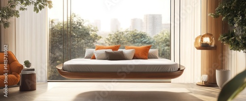 A modern bedroom with a floating bed and large window