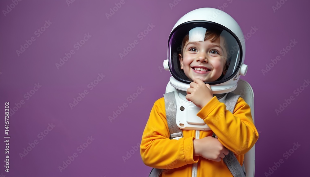 Smiling boy astronaut in futuristic spacesuit poses against vibrant purple backdrop. Young child with hopeful expression looks up dreaming of space travel. Concept for future exploration adventures. Smiling boy astronaut in futuristic spacesuit poses against vibrant purple backdrop. Young child with hopeful expression looks up dreaming of space travel. Concept for future exploration adventures.