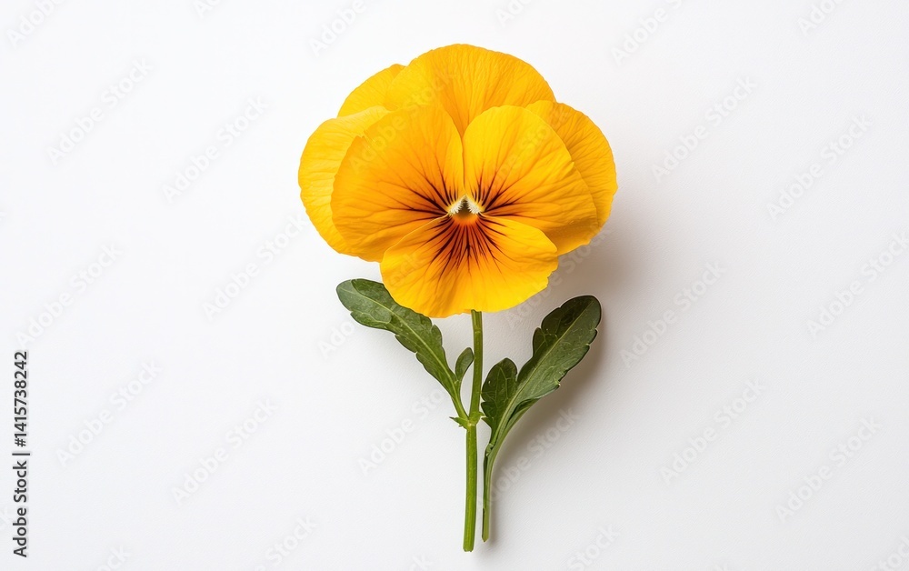 Yellow pansy flower with orange center levitates on a solid white background. The image is simple and clean, showcasing the flower's delicate details and vibrant color Yellow pansy flower with orange center levitates on a solid white background. The image is simple and clean, showcasing the flower's delicate details and vibrant color