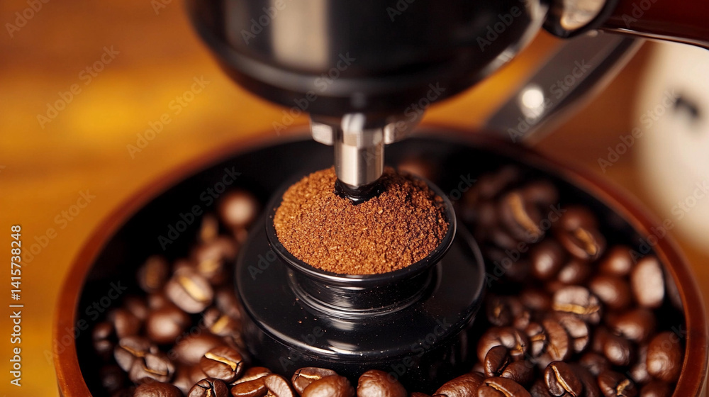 Fresh coffee grind from a manual coffee grinder Generative AI