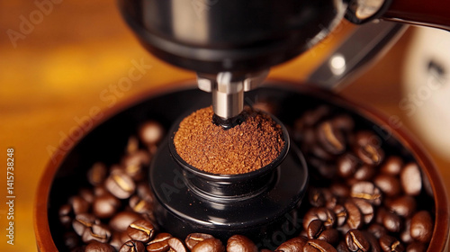Fresh coffee grind from a manual coffee grinder Generative AI