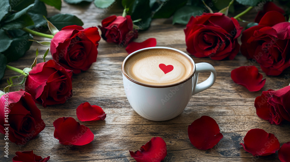 Coffee cup with heart art surrounded by fresh red roses Generative AI