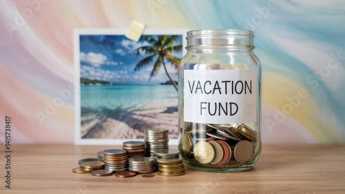 Jar labeled 'Vacation Fund' with coins beside a tropical beach photo, symbolizing savings for travel.