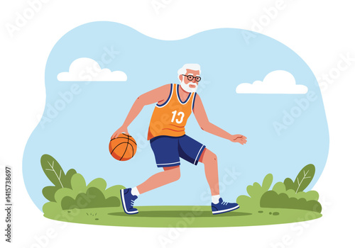 Illustration of an elderly man practicing basketball outdoors. Exercise, recreation, and active seniors