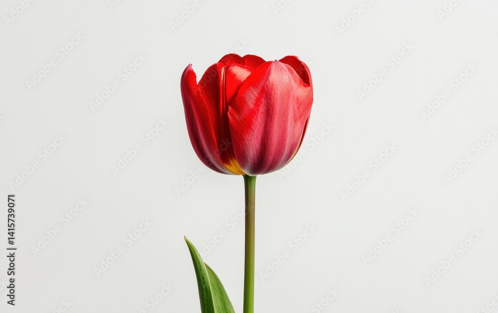 Fototapeta premium Single red tulip levitates against a solid white background. The tulip is in sharp focus, showcasing its rich color and delicate details. The image is clean and simple, with a minimalist aesthetic
