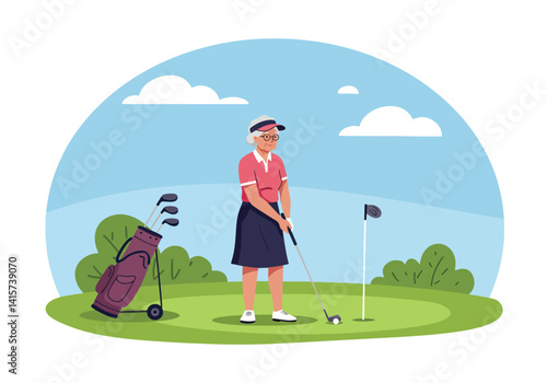 Active senior woman playing golf on a sunny course. Healthy lifestyle and leisure in old age concept
