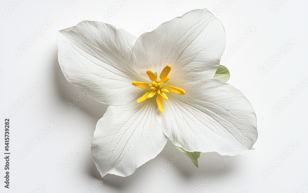 Obraz premium Close-up of a single white flower with a yellow center standing alone in a vast green field, with blurry mountains in the background. Dew drops on the grass