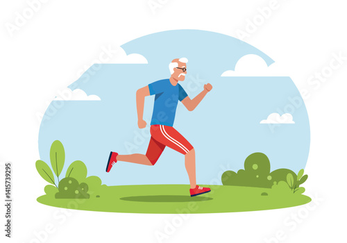 Active senior man jogging outdoors in a park. Healthy lifestyle and fitness in old age concept