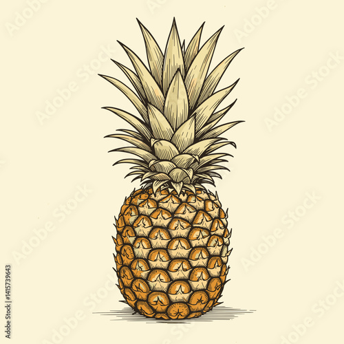 A vintage hand-drawn illustration of a pineapple in vibrant colors on a soft beige background