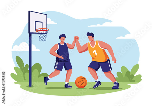Two basketball players competing on an outdoor court. Sport, competition, and teamwork concept