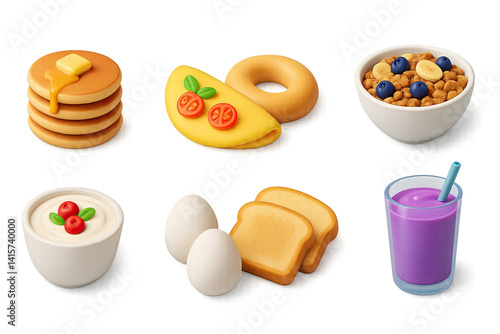3d breakfast icons set: pancakes, omelette, cereal, yogurt, eggs, toast, smoothie