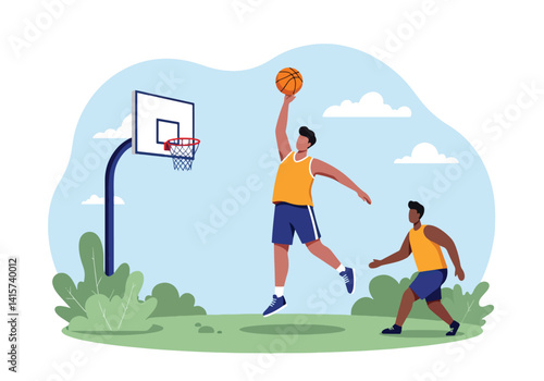 Two basketball players competing on an outdoor court. Sport, competition, and teamwork concept
