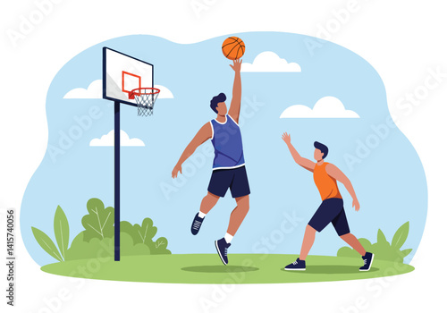 Two basketball players competing on an outdoor court. Sport, competition, and teamwork concept