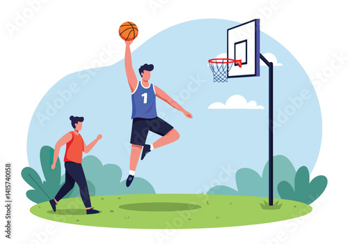 Two basketball players competing on an outdoor court. Sport, competition, and teamwork concept