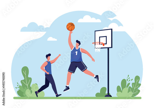 Two basketball players competing on an outdoor court. Sport, competition, and teamwork concept