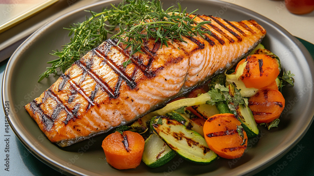 Grilled salmon fillet served with fresh vegetables Generative AI