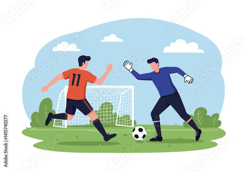 Soccer player kicking the ball towards the goalkeeper during a match. Sport, competition, and teamwork concept
