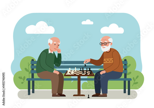 Two senior men playing a game of chess outdoors in a park. Leisure, retirement, and mental activity concept