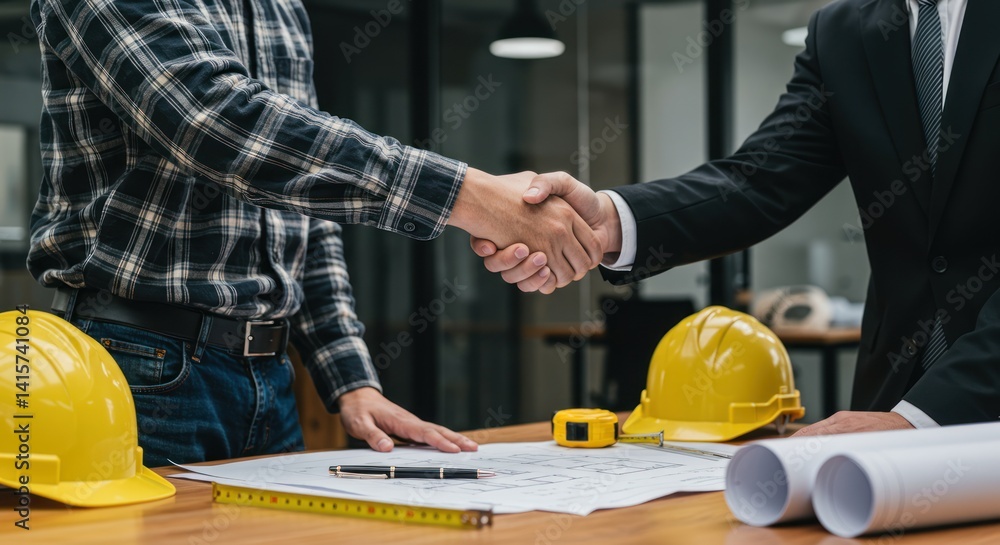 Two people shaking hands over construction plans with hard hats and tools. Two people shaking hands over construction plans with hard hats and tools.