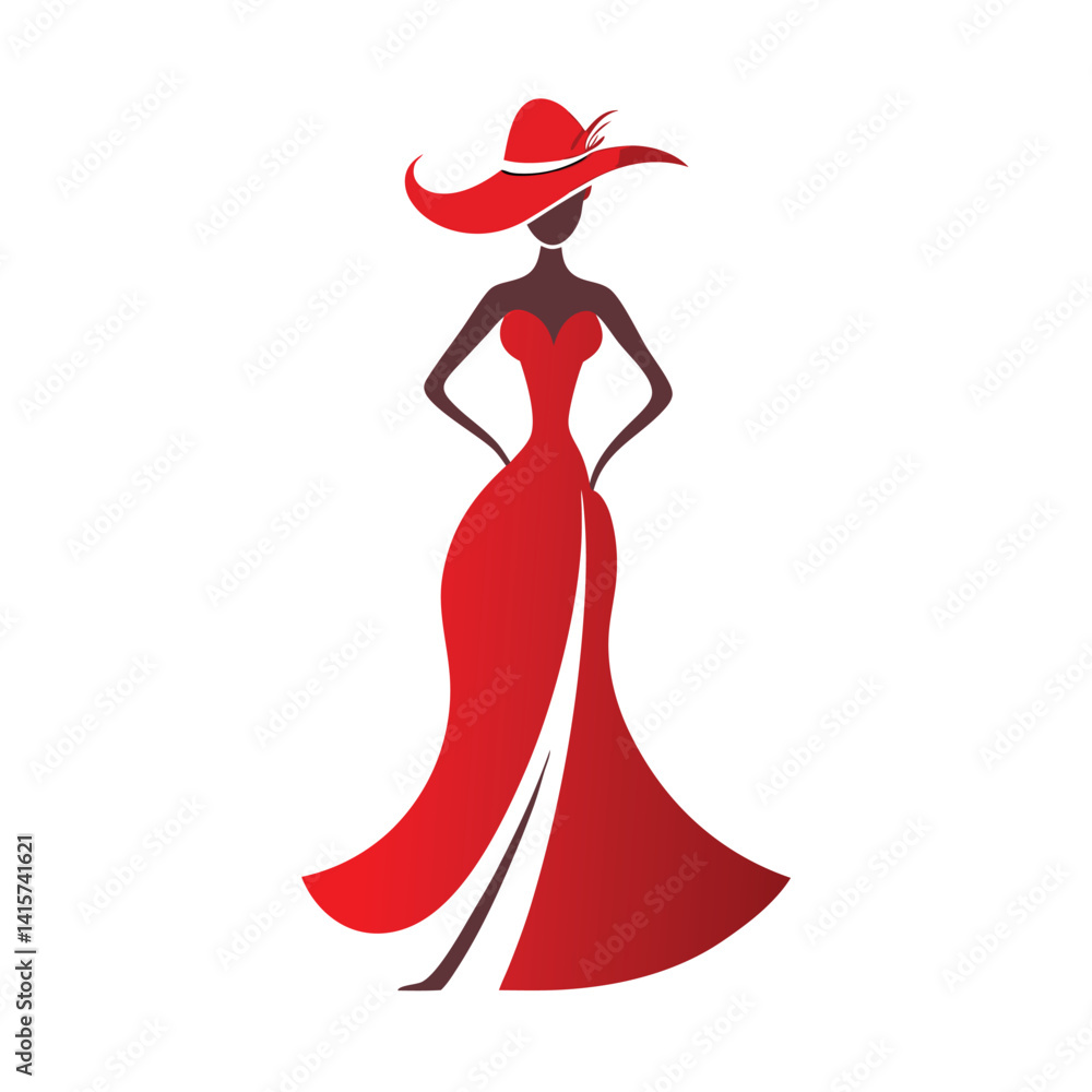 Elegant Woman in Red Gown and Wide Brim Hat Elegant Woman in Red Gown and Wide Brim Hat