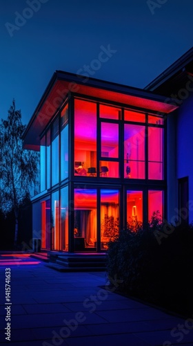 Modern two story home illuminated with colorful interior lighting at dusk