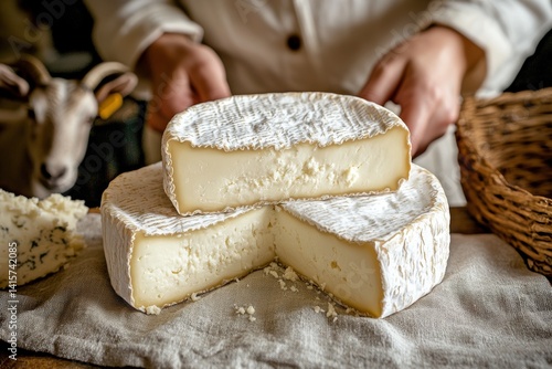 Wheels of Fresh Goat Cheese on Linen Tablecloth, Rustic Setting with Human Hands and Goat s Head.