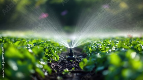 Sprinkler irrigates rows of vibrant green plants with water droplets