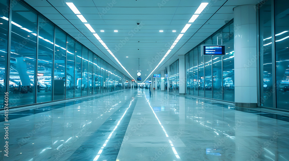 Empty Modern Airport Corridor With Blue And White Color Empty Modern Airport Corridor With Blue And White Color
