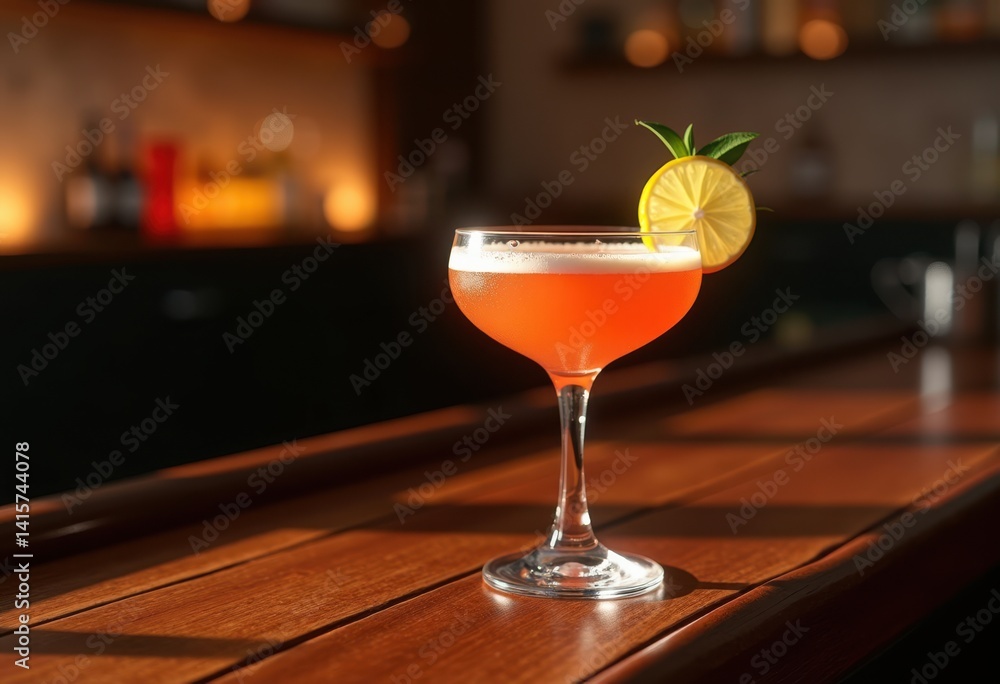 classic cocktail glass filled refreshing beverage dark wooden bar top image rich textures subtle details, liquid, ice, liquor, garnish, celebration