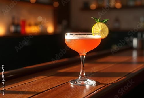 Obraz na płótnie classic cocktail glass filled refreshing beverage dark wooden bar top image rich textures subtle details, liquid, ice, liquor, garnish, celebration w salonie