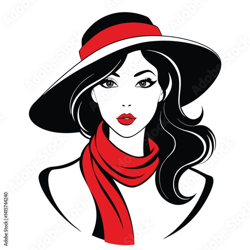 Elegant Woman with Black Hat and Red Scarf Illustration