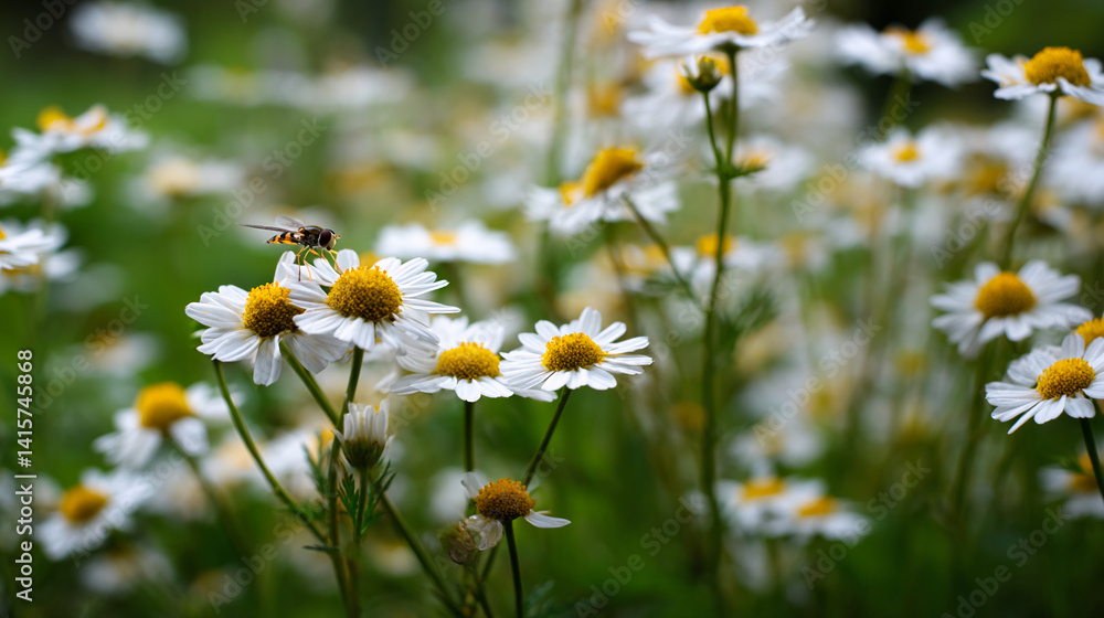 Close-up of daisies in a field, a hoverfly rests on a bloom. The image evokes a sense of nature's peace and tranquility Close-up of daisies in a field, a hoverfly rests on a bloom. The image evokes a sense of nature's peace and tranquility