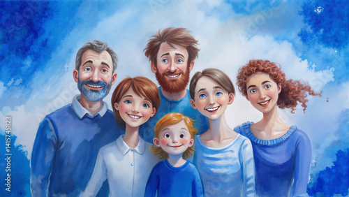 Smiling family portrait against a blue watercolor background -  