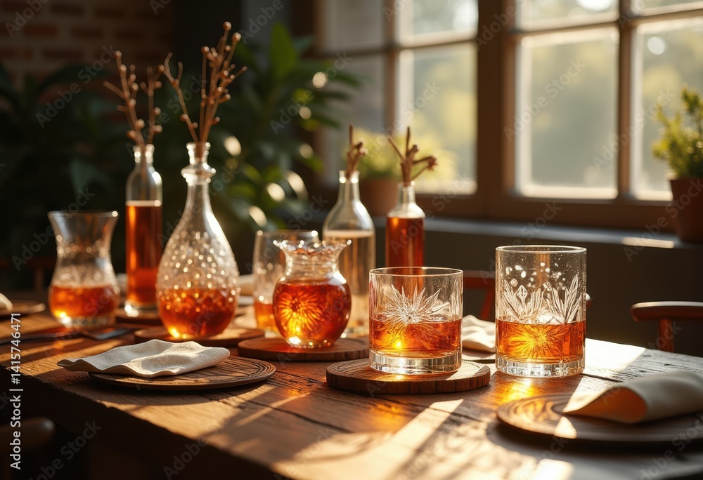 elegant drink vessels glassware rustic wooden table sophisticated accessories still life home decor, elegance, interior, style, luxury, cocktail, light elegant drink vessels glassware rustic wooden table sophisticated accessories still life home decor, elegance, interior, style, luxury, cocktail, light