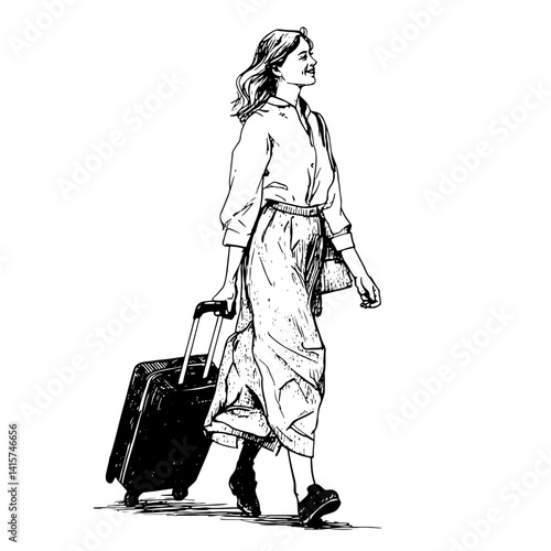 "Stylish woman walking with suitcase, ready for travel. Chic vector illustration symbolizing freedom and adventure, ideal for travel blogs and lifestyle articles."