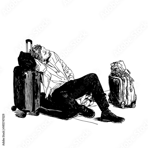 Vector illustration of weary traveler resting against luggage, conveying essence of travel fatigue and adventure. Ideal for travel-themed projects, capturing journey's emotional aspects.